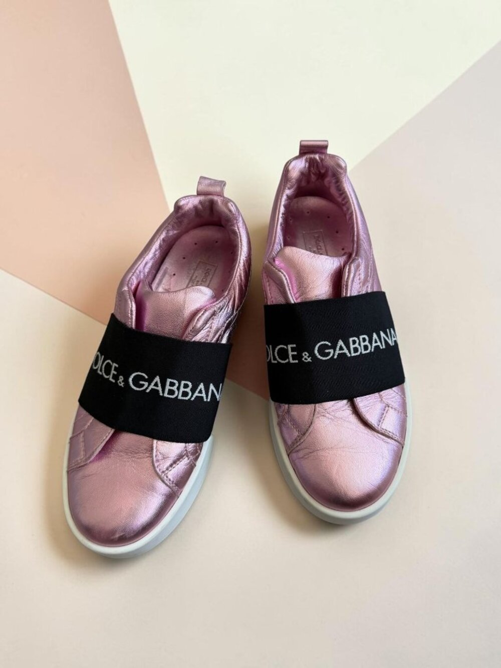 Dolce & Gabbana Kids' Portofino Metallic Leather Rose Pink Slip-On Sneakers Size